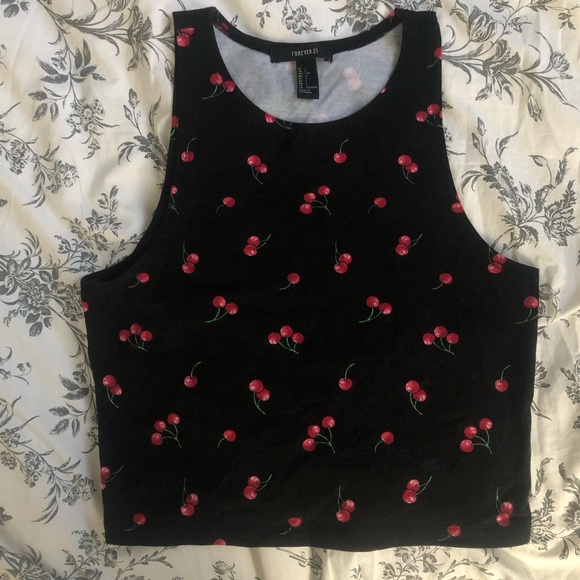 2 for $20 ❤️ Forever 21 Women's Black Cherry Print Crop Top - Picture 2 of 3